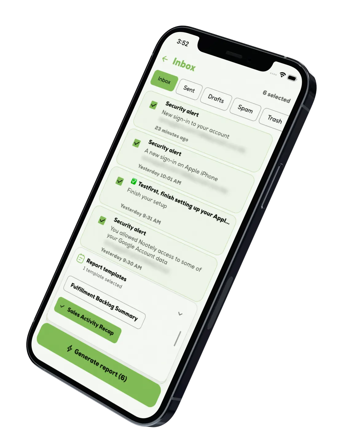 Nootely inbox report composer with selected Gmail messages