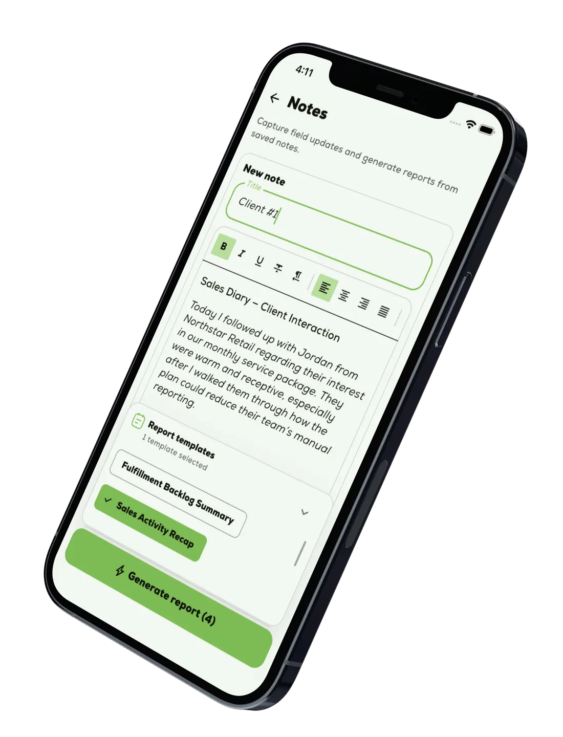 Nootely notes report composer with saved note context