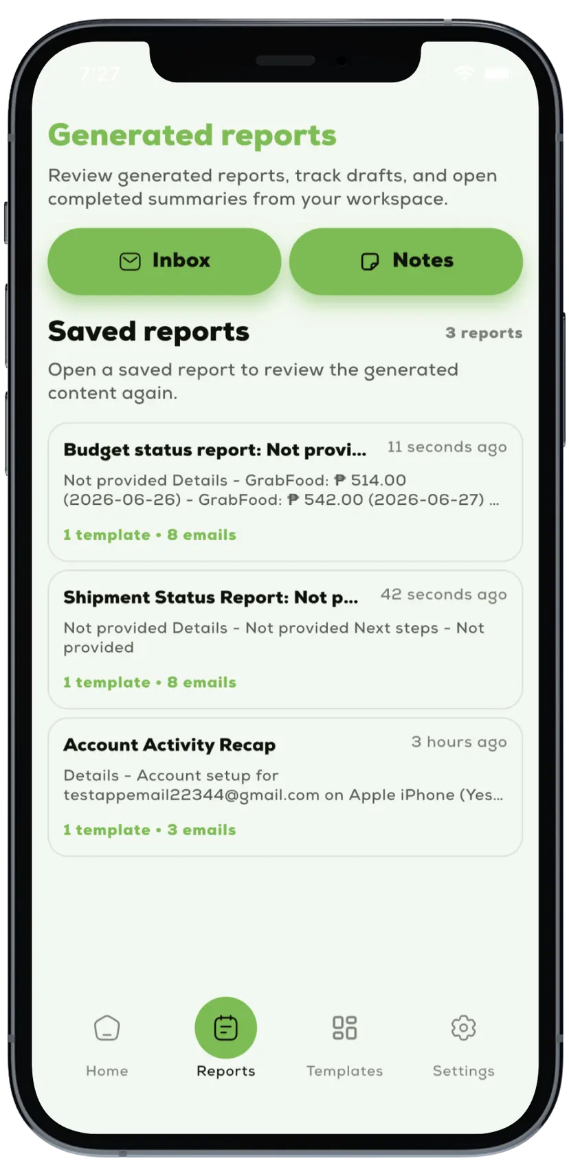 Nootely reports screen showing generated saved reports