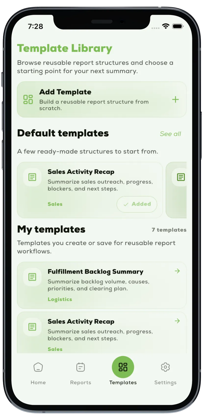 Nootely templates screen showing created and default report templates